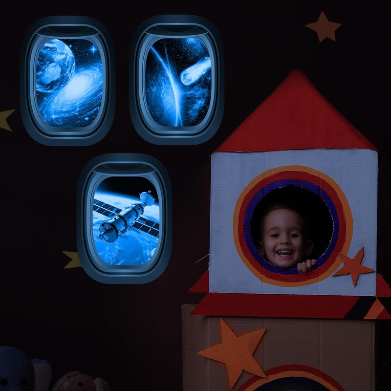 Robmoda Glow in The Dark 3D Space Wall Decals, Set of 3 Galaxy Window Stickers for Wall, Space Themed Room Decor for Kids Boys (Blue) - Image 2